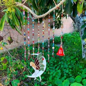 Eclectic Bohemian Fairy & Half Moon Stained Glass Sun Catcher Murano Wind Chime